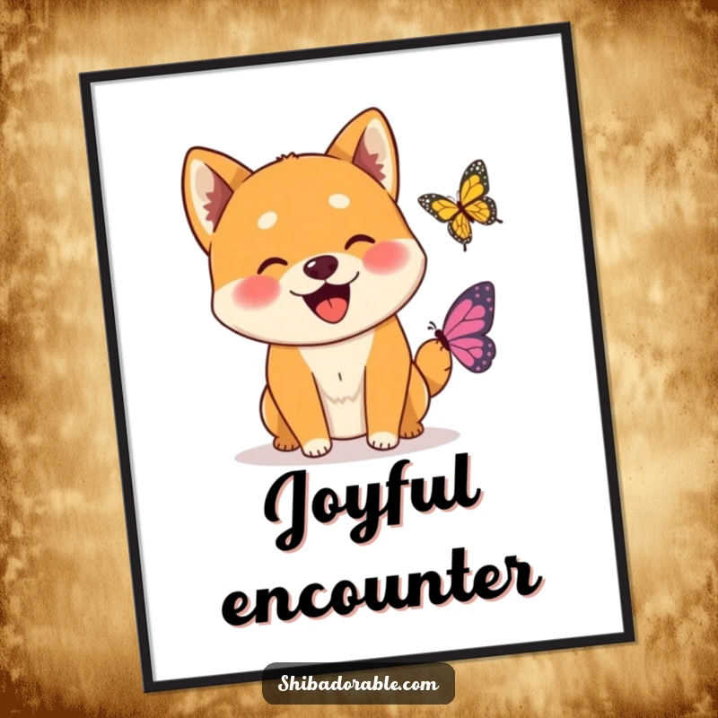 Funny Wagging Shiba Inu Butterfly Art Print depicting an ecstatic Shiba Inu dog joyfully greeting a small, friendly butterfly.