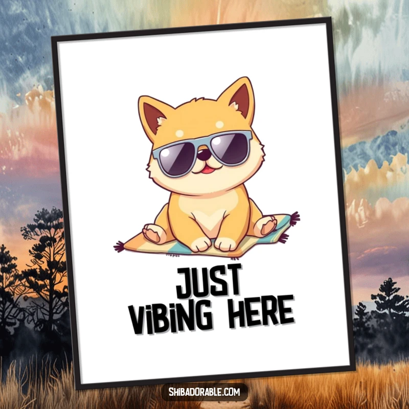 Funny Kawaii Shiba Inu puppy lounging on a beach towel, wearing sunglasses, a digital art print radiating beachy, humorous vibes.
