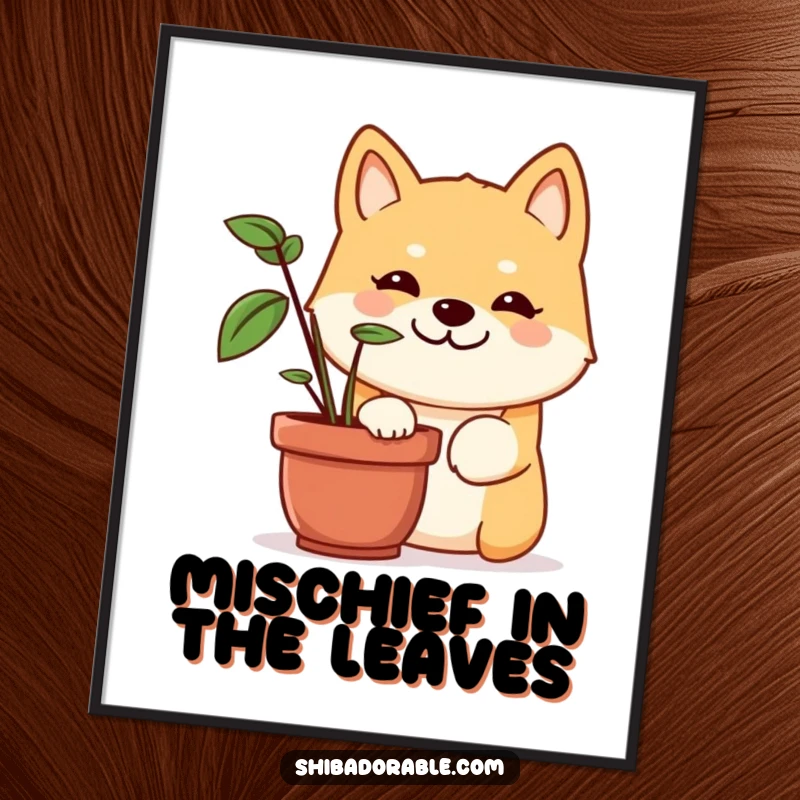 Funny Shiba Inu digital art print of a dog with a mischievous grin peeking from behind a potted plant, perfect for framing.