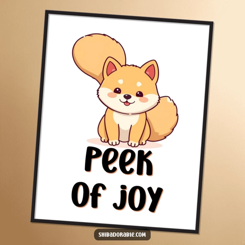 Funny Digital Art Print of a shy Shiba Inu dog peeking from behind its large wagging tail, perfect for immediate humorous decor.