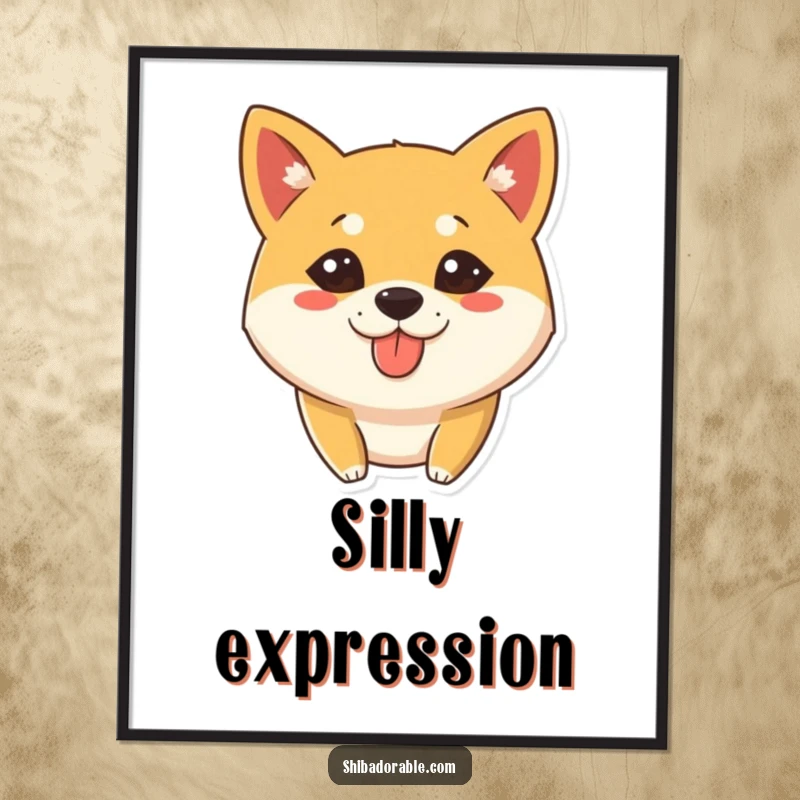 Funny Digital Art Print of a Shiba Inu dog with a silly expression and tongue slightly out, perfect for immediate humorous decor.