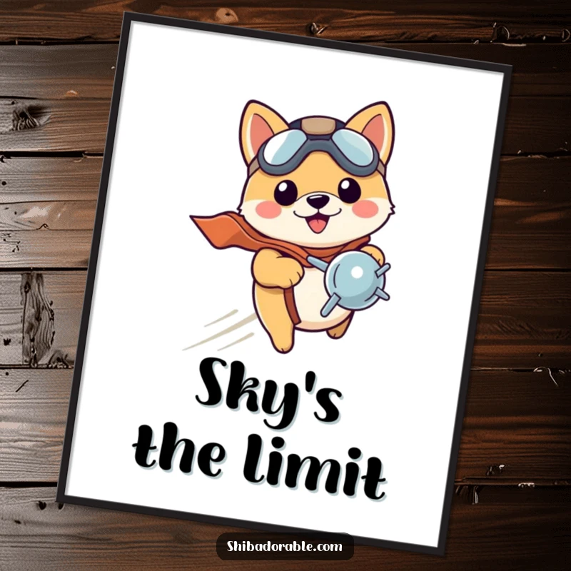 Funny Shiba Inu puppy in a pilot hat, zooming with a propeller, ready for flight. A digital artwork.