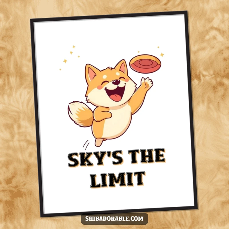 Funny digital art print of a Shiba Inu leaping for a flying disc with a giant grin, ready to print and frame.