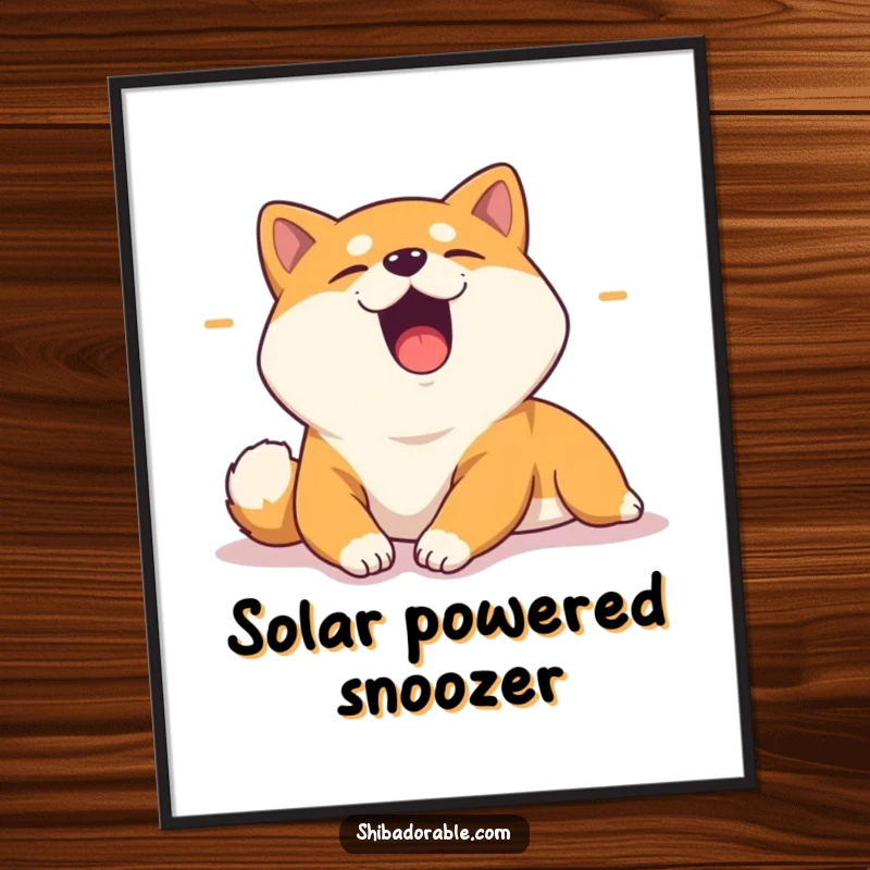 Funny digital art print of a yawning Shiba Inu stretching lazily in a sunbeam, conveying peacefulness and humor.