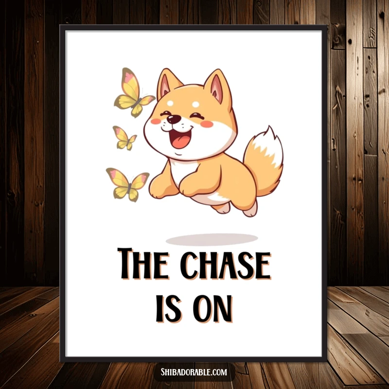 Funny Shiba Inu digital art print of a happy dog leaping joyfully while chasing a shimmering butterfly, perfect for framing.