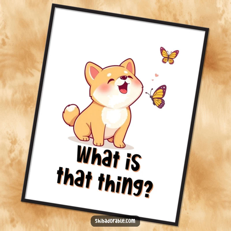 Funny Kawaii Shiba Inu puppy excitedly barking at a butterfly, a digital art print capturing pure, unadulterated puppy joy and playful energy.