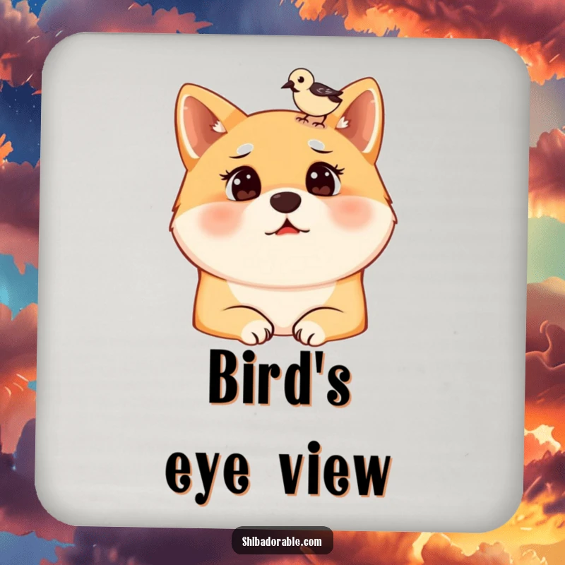 Funny drink coaster featuring a surprised Shiba Inu dog with a bird on its head, offering protection and humor for tabletops.