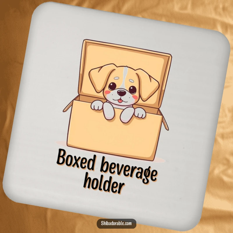 Funny dog drink coaster set with a dog comically spilling out of a large open box, floppy ears enhancing the humor.