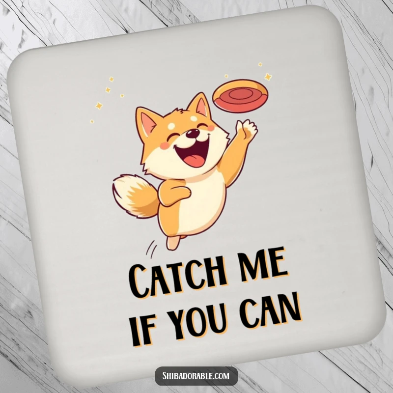 Funny drink coaster featuring a Shiba Inu with a huge grin, leaping for a flying disc, adding a fun touch.