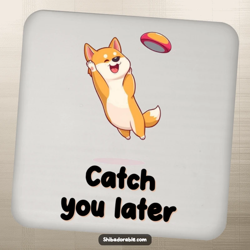 Funny Shiba Inu Coaster: Protects surfaces with a graphic of an athletic dog catching a frisbee mid-air.