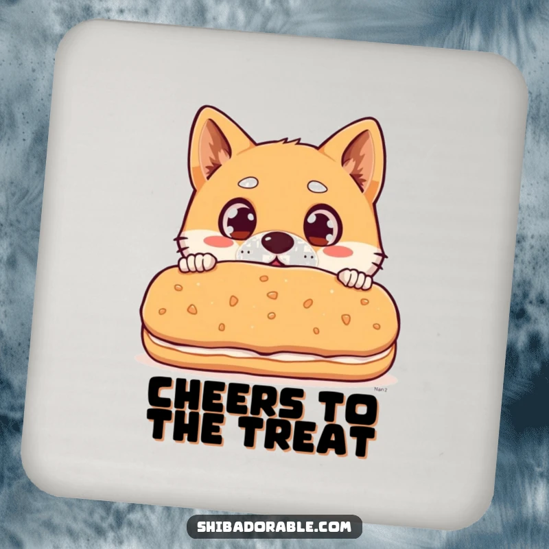 Funny Shiba Inu dog with wide surprised eyes peeking over a giant biscuit, a protective and amusing drink coaster.
