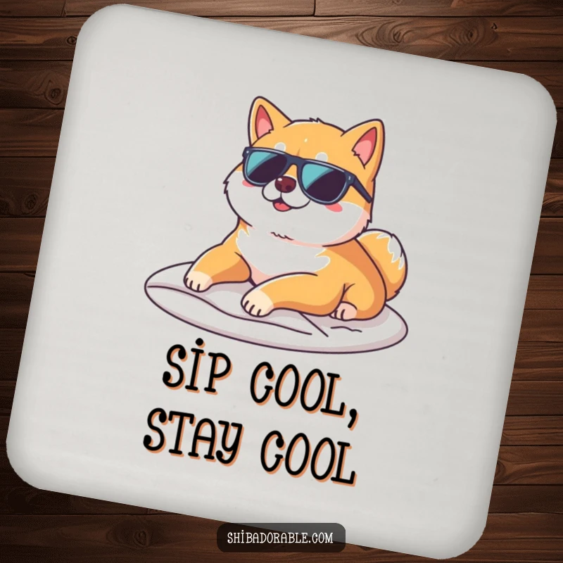 Funny Shiba Inu wearing sunglasses and lounging on a sunbeam on a drink coaster, adding cool humor to beverage service.