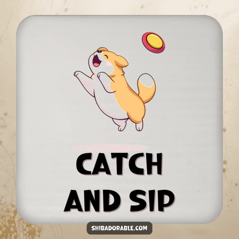 Funny dog drink coaster set depicting a plump dog in mid-air, skillfully catching a frisbee, adding humor to your table.