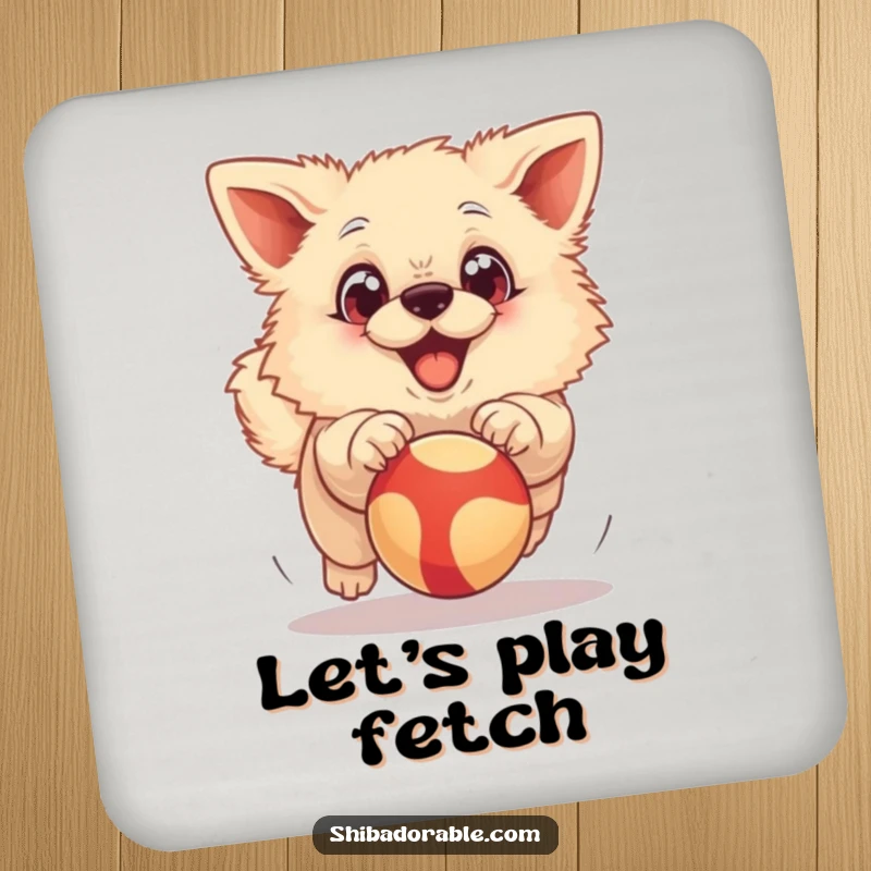 Funny Coaster: A fluffy dog with exaggerated big eyes joyfully chasing a bouncing ball, adding playful protection.