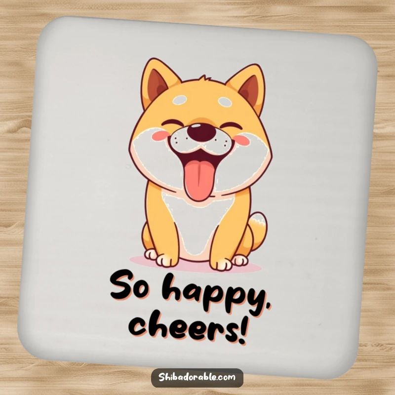Funny Shiba Inu coasters showing a happy dog panting with a big, goofy grin, protecting tables with humor.