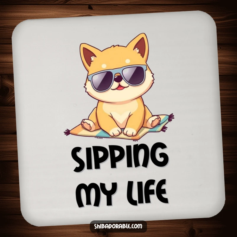 Funny Kawaii Shiba Inu puppy lounging on a beach towel, wearing sunglasses, a set of coasters providing humorous table protection.