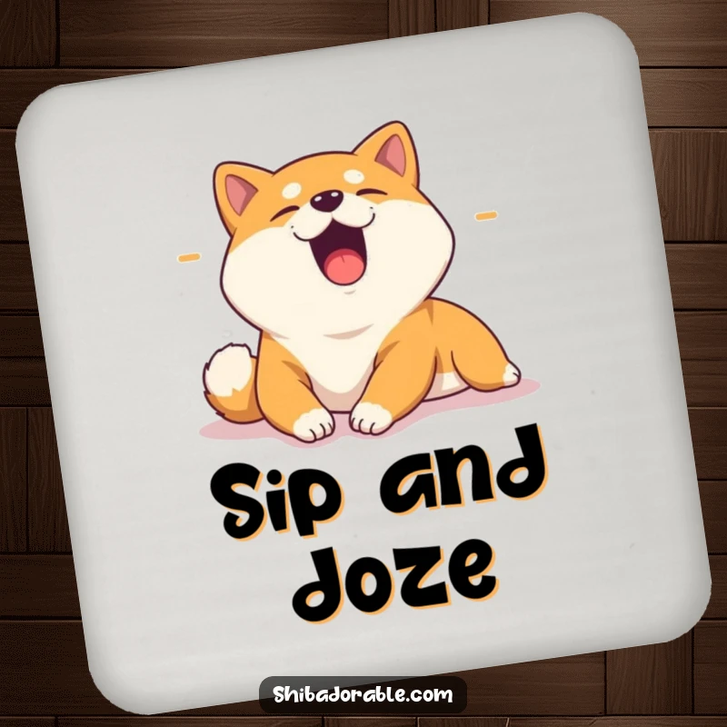 Funny drink coaster depicting a yawning Shiba Inu stretching lazily in a sunbeam, perfect for adding a relaxed and humorous touch to tables.