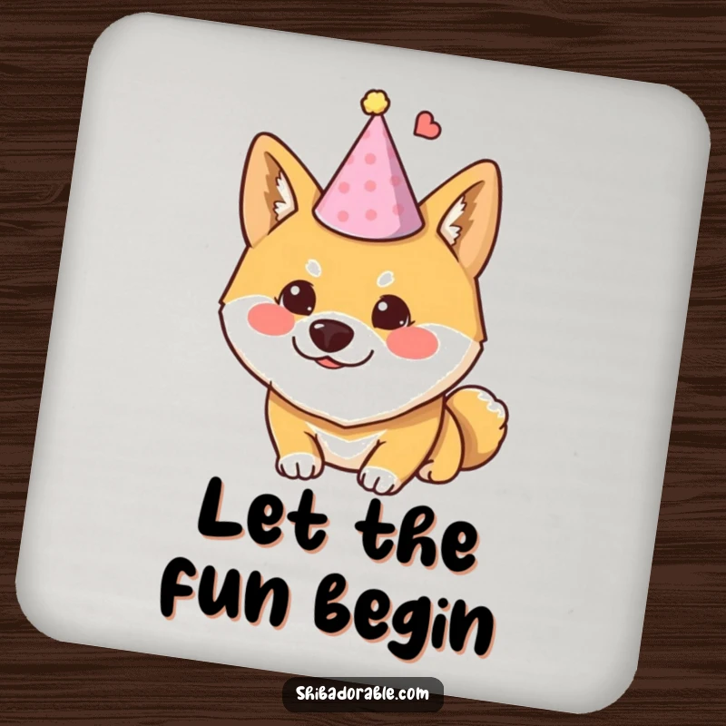 Funny Shiba Inu coasters showing a dog wearing a tiny party hat and looking mischievous, protecting tables with humor.
