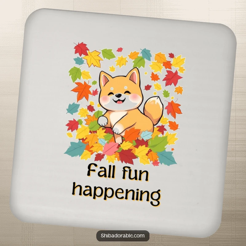 Funny Shiba Inu dog tumbling in colorful autumn leaves, designed on a durable drink coaster for humorous and seasonal table protection.