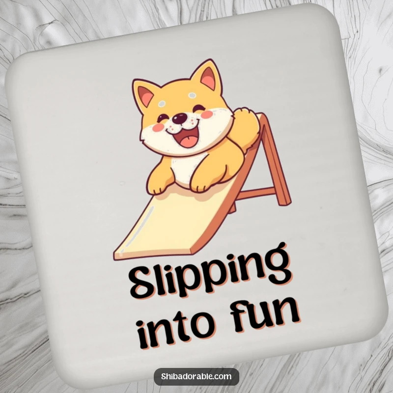 Funny Shiba Inu dog with a big smile sliding down a slide, designed on a durable drink coaster for humorous table protection.