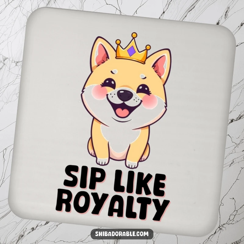 Funny Shiba Inu dog wearing a small crown, barking, on a protective drink coaster, adding a touch of canine royalty.