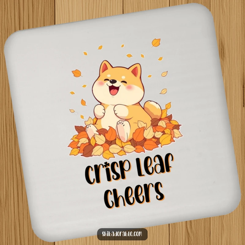 Funny Shiba Inu Coaster: A joyful Shiba Inu rolls in colorful autumn leaves, adding seasonal charm to drink protection.