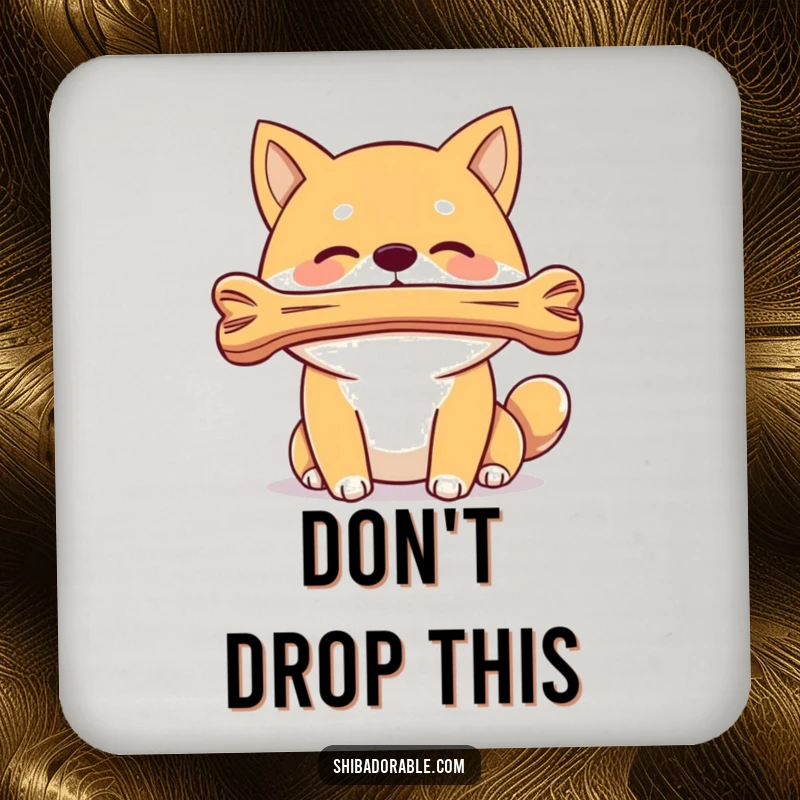 Funny Shiba Inu dog balancing a bone on its nose, on a protective drink coaster, showcasing cleverness and humor.