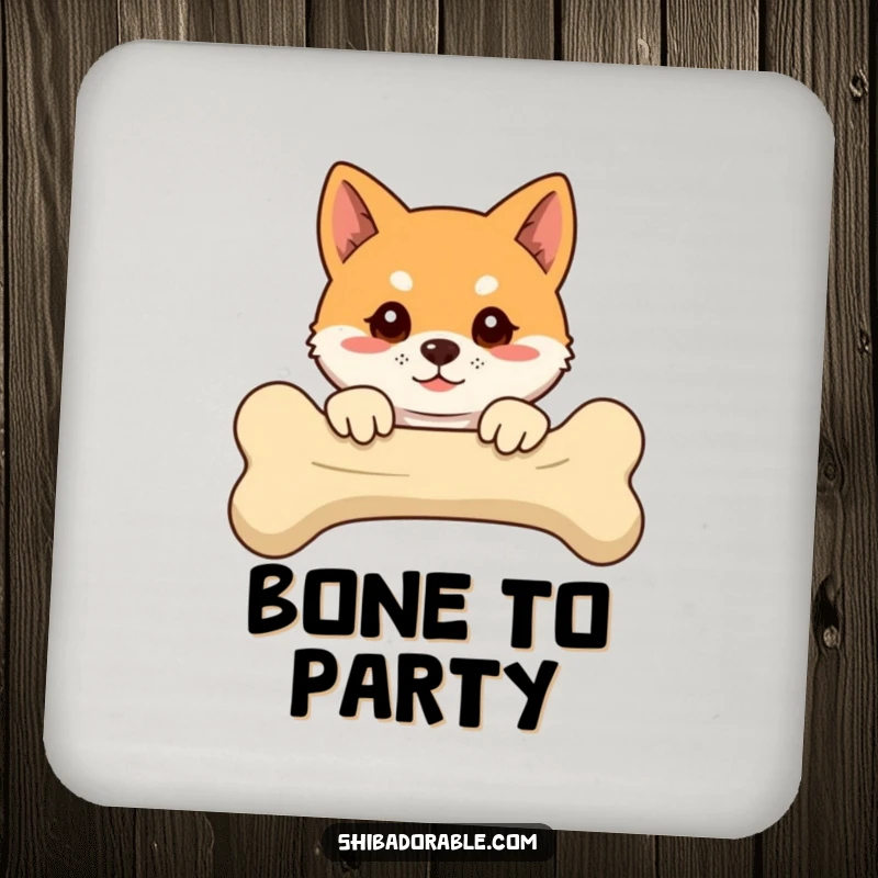 Funny Shiba Inu coasters with floppy-eared dogs peeking over bones, adding humor to drink protection.