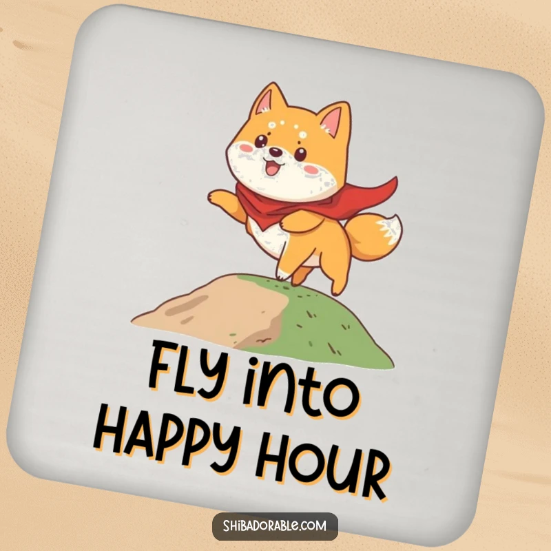 Funny Shiba Inu coaster featuring a dog in a cape comically attempting to fly from a small hill, adding heroic humor.