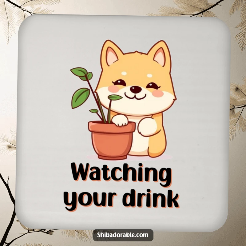 Funny Shiba Inu coaster featuring a dog with a mischievous grin peeking from behind a potted plant, adding playful charm.