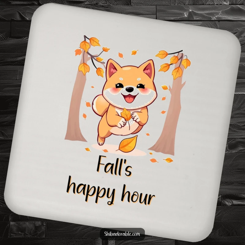 Funny coasters featuring a Shiba Inu playfully pouncing on an autumn leaf, adding a touch of seasonal humor to drink service.