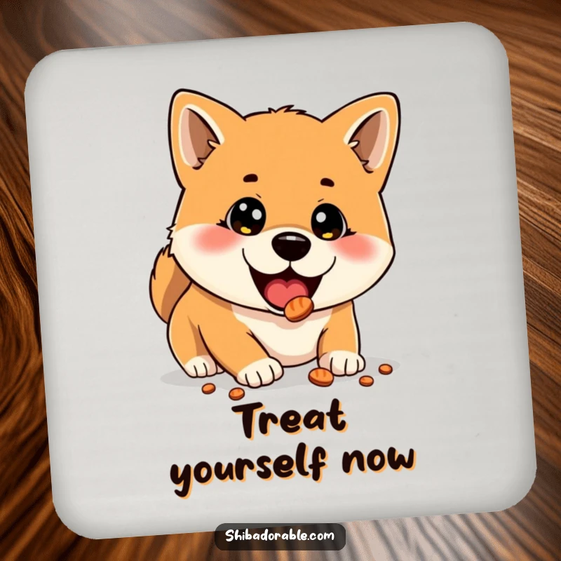 Funny coasters featuring a Shiba Inu with wide, delighted eyes discovering a hidden treat, bringing a smile to any surface.