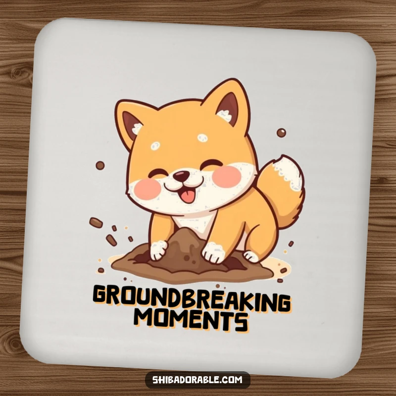 Funny Shiba Inu dog playfully digging a hole with dirt flying comically, a protective and amusing drink coaster.