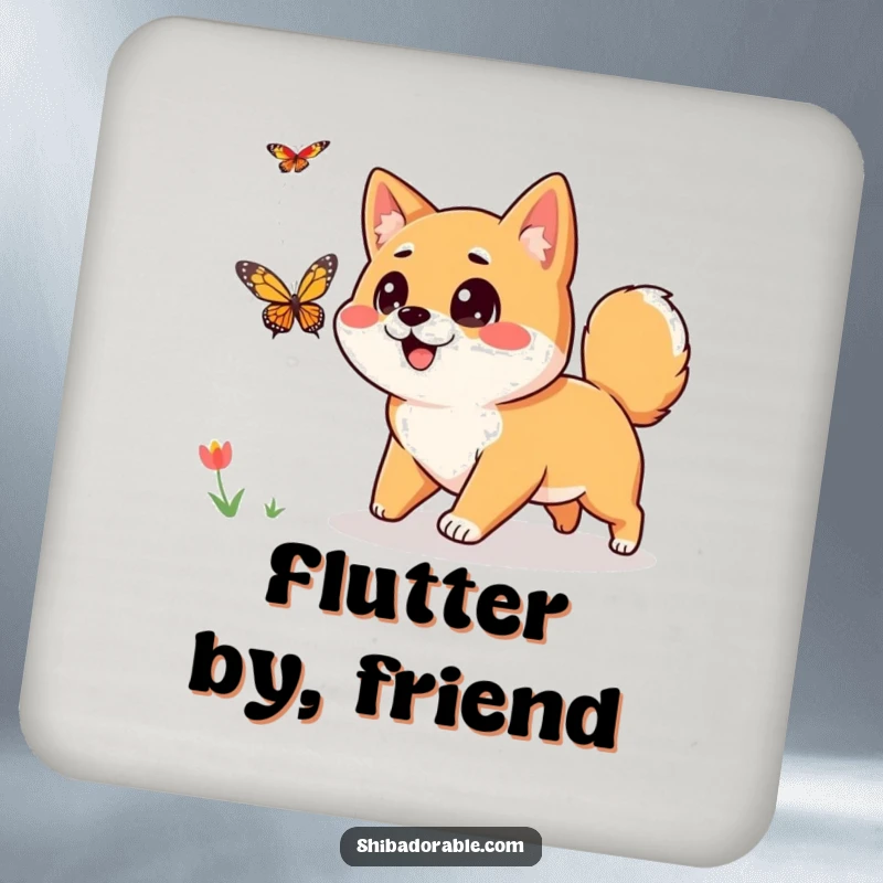 Funny Shiba Inu Drink Coasters: A curious Shiba Inu chases a butterfly, offering hilarious protection for your furniture.