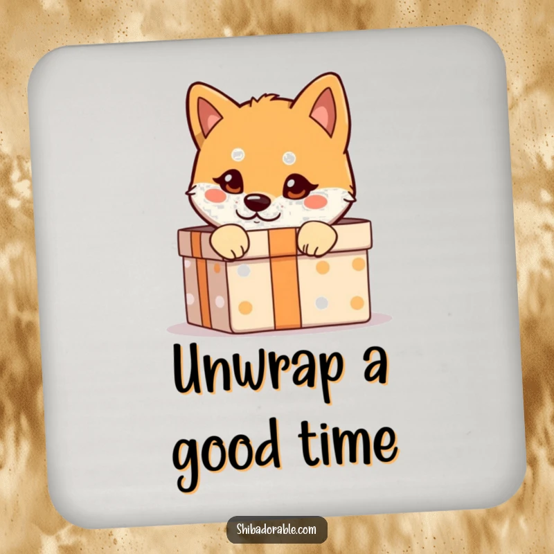 Funny Shiba Inu Drink Coasters: A Shiba Inu with a mischievous glint peeks from a gift box, offering hilarious protection for your furniture.