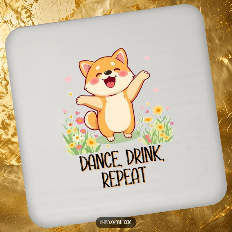 Funny Shiba Inu coasters depicting a dog doing a happy dance in a flower field, adding joyful art.
