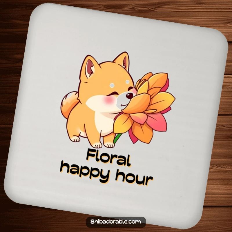 Funny Shiba Inu Coaster: A curious Shiba Inu sniffs a giant, colorful flower, adding whimsical charm to drink protection.