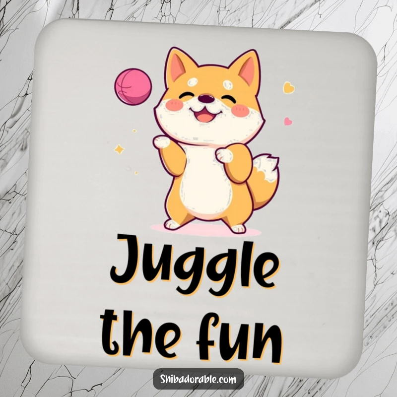 Funny Drink Coaster featuring a happy Shiba Inu dog juggling a ball, protecting surfaces with humor.