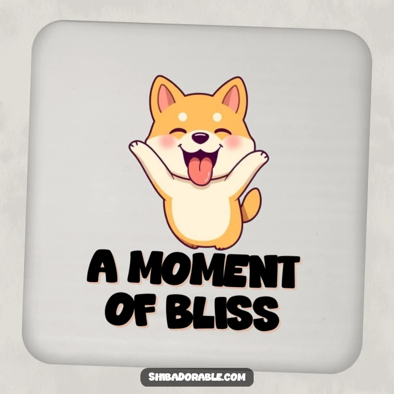 Funny Shiba Inu dog leaping with tongue out, ears flopping joyfully, a protective and amusing drink coaster.