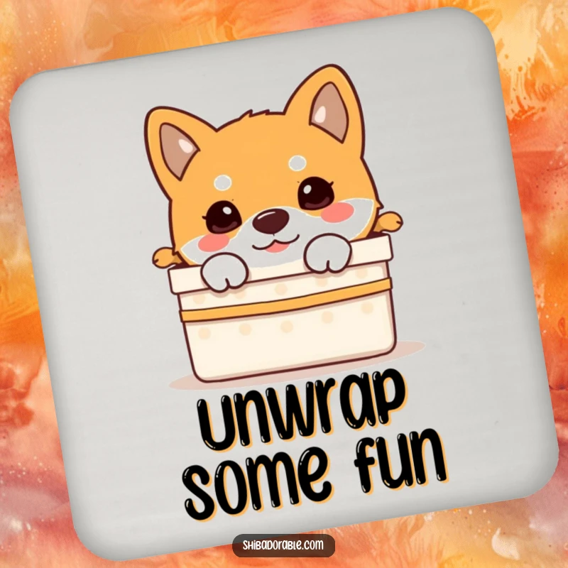 Funny Shiba Inu puppy peeking curiously from a gift box, displayed on a functional and decorative drink coaster.