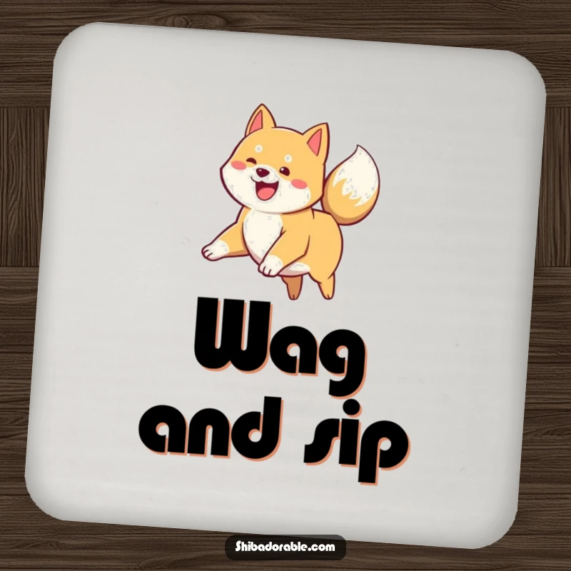 Funny Shiba Inu Coaster: A happy Shiba Inu puppy leaps joyfully, its tail wagging, adding humorous charm to drink protection.