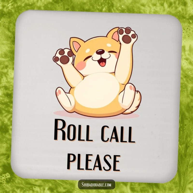 Funny Drink Coaster featuring a happy Shiba Inu dog rolling on its back with paws up, protecting surfaces with humor.
