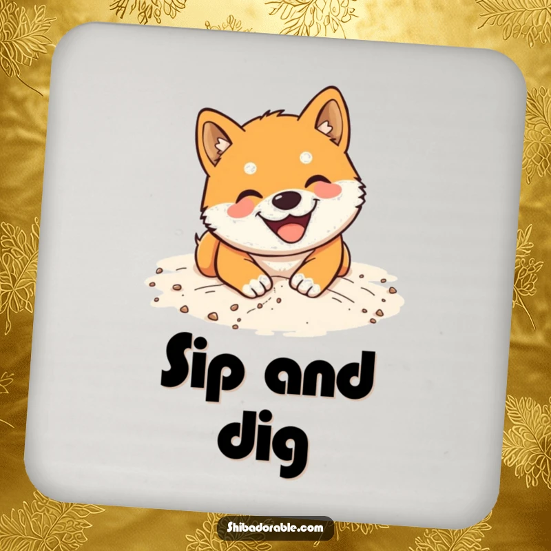 Funny Shiba Inu Coaster: Protects surfaces with a graphic of a joyful dog digging enthusiastically in soft sand.