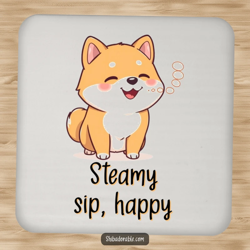 Funny Shiba Inu exhaling steam on a drink coaster, adding warmth and humor to beverage service.