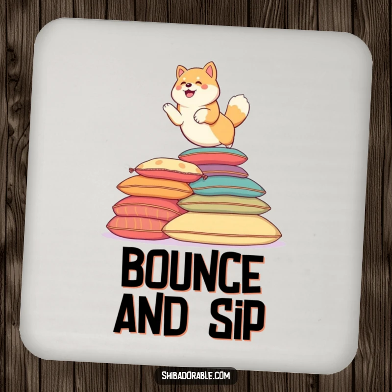 Funny Shiba Inu dog playfully leaping over colorful cushions. A protective coaster.