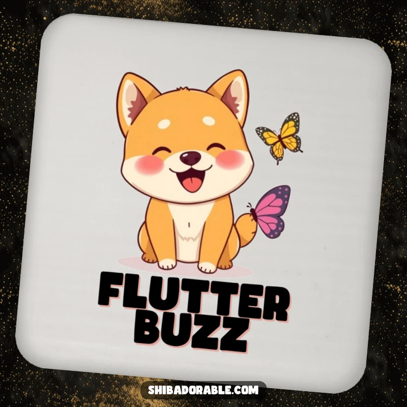 Funny Wagging Shiba Inu Butterfly Coaster showing a joyful Shiba Inu dog happily greeting a small, friendly butterfly.