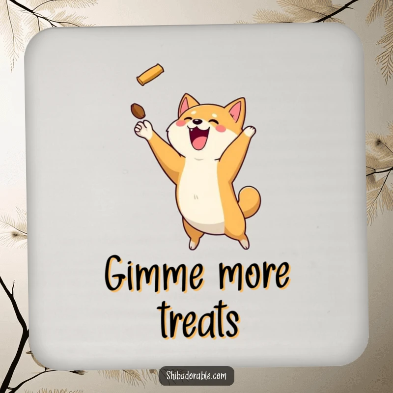 Funny Shiba Inu dog leaping to catch a treat, displayed on a functional and decorative drink coaster.