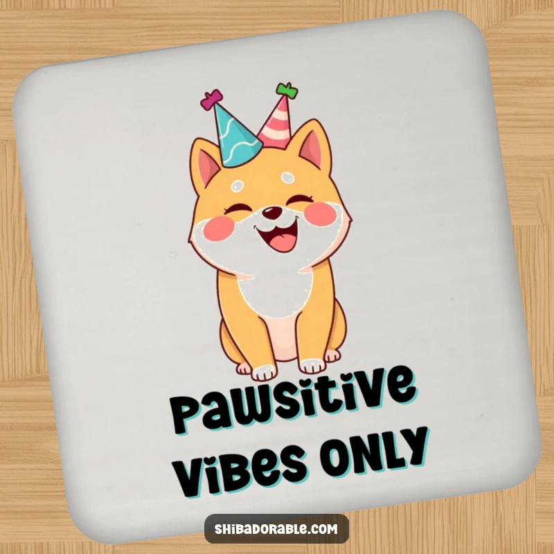 Funny Shiba Inu coaster, a joyful dog wearing a party hat, wagging its tail, protecting surfaces with humor.