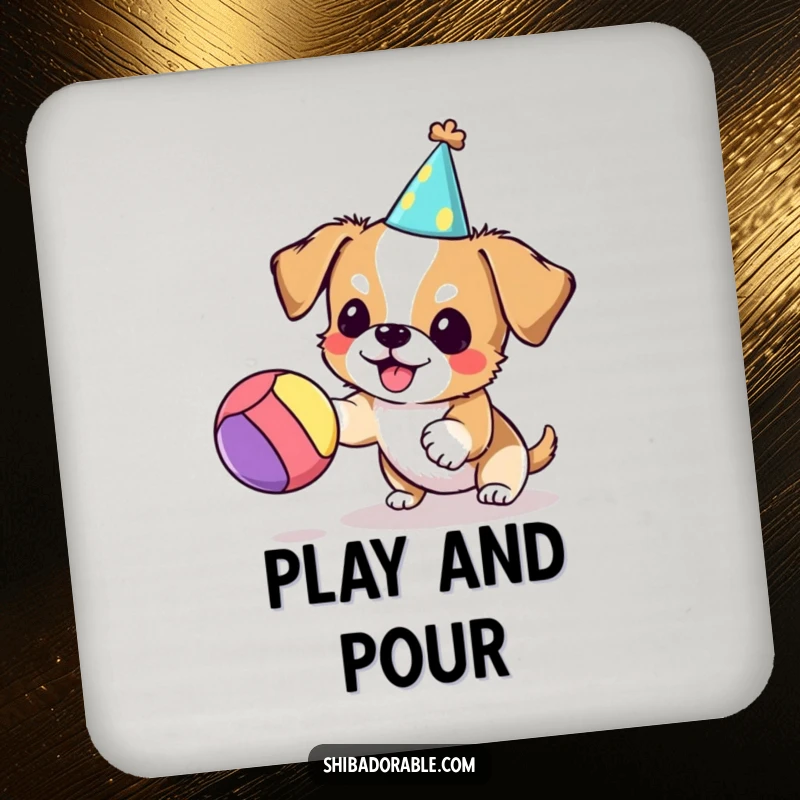 Funny dog drink coaster set with a small dog in a party hat playing with a ball, a cheerful and protective addition.