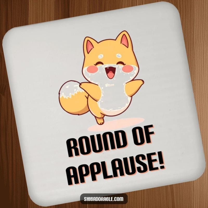 Funny happy Shiba Inu drink coaster with a dog playfully chasing its tail in a circle, protecting surfaces with humor.